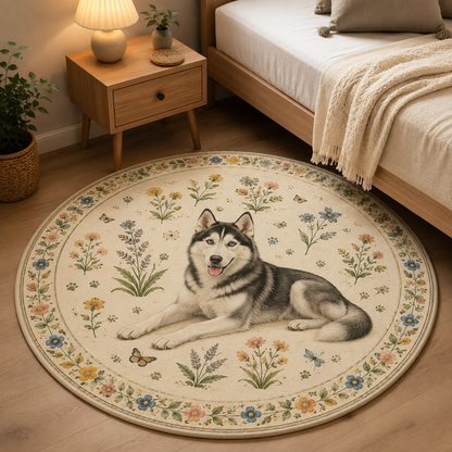 Custom Photo Dog Floral Round Carpet | Photo Pet Round Rug | Gift For Dog Lovers