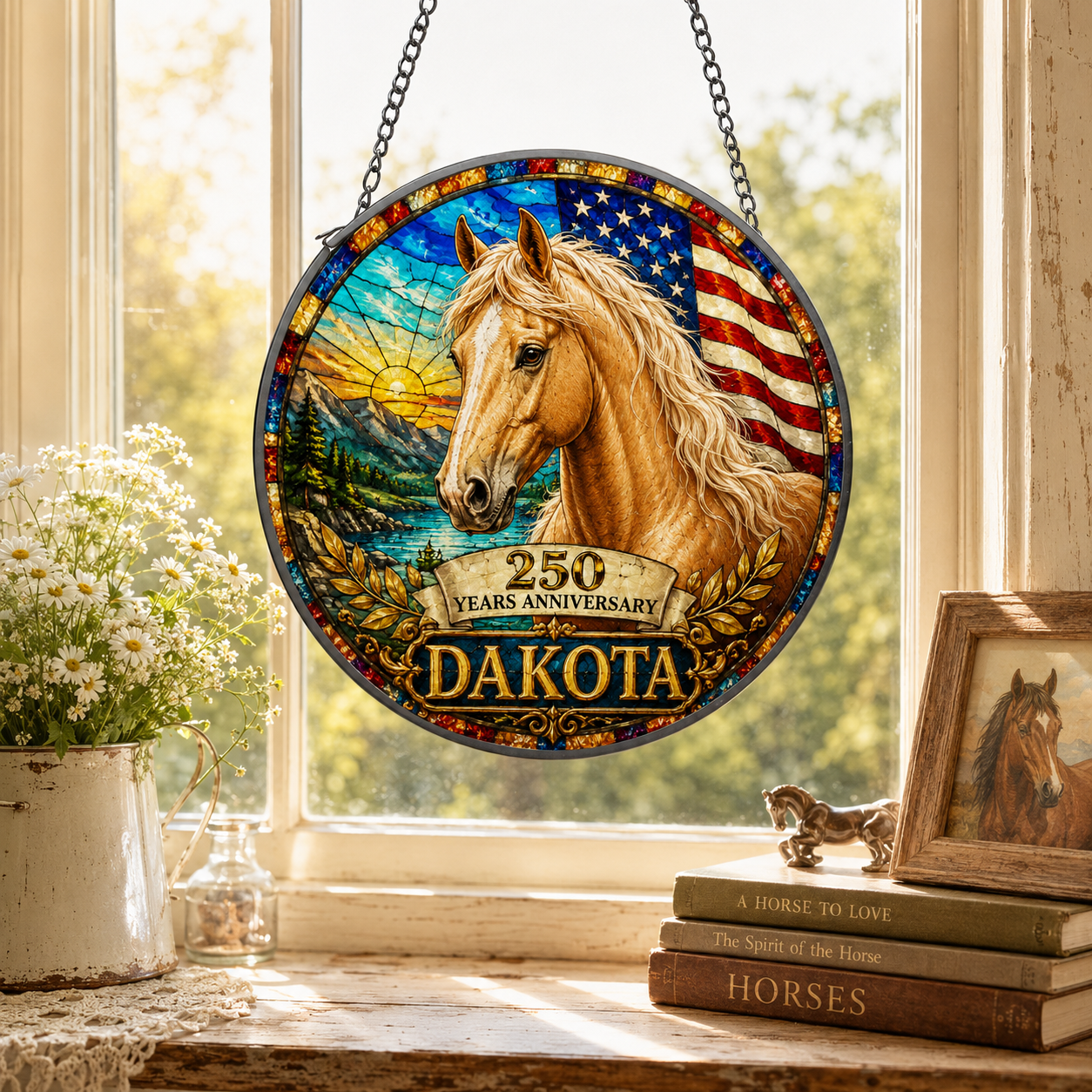 Custom Photo 250th US Horse Stained Glass Suncatcher – Personalized Horse Lover Gifts | Gift For Horse Lover TOM99