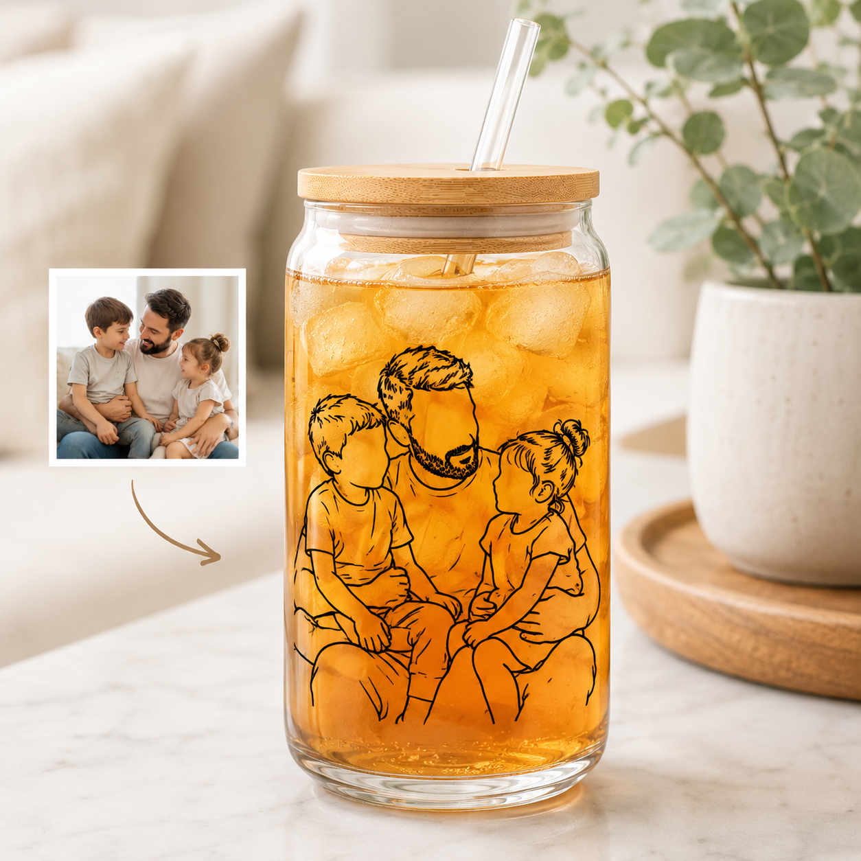 Custom Photo Dad Glass 16oz – Personalized Dad Glass Cup with Bamboo Lid & Straw | Gift For Father  TOM99