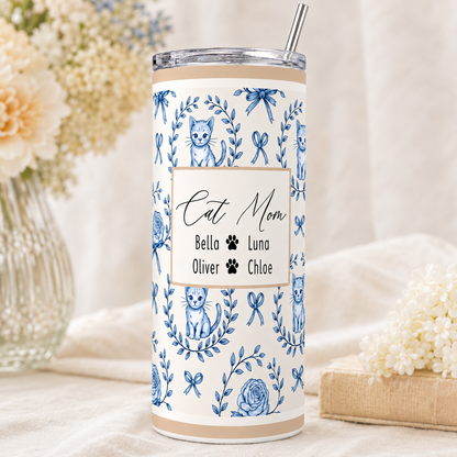 Personalized Cat Mom 20oz Skinny Tumbler – Custom Cat Photo Skinny Tumbler For Woman and Cat Owners TOM99