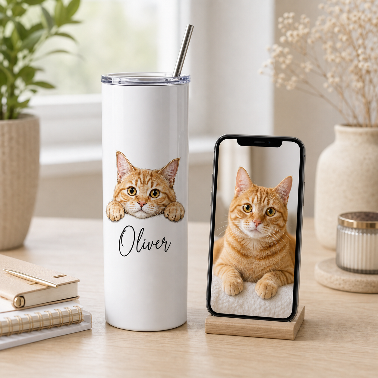 Personalized Photo Funny Cat 20oz Skinny Tumbler – Custom Cat Photo Skinny Tumbler for Woman and Cat Owners TOM99
