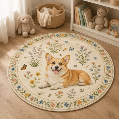 Custom Photo Dog Floral Round Carpet | Photo Pet Round Rug | Gift For Dog Lovers