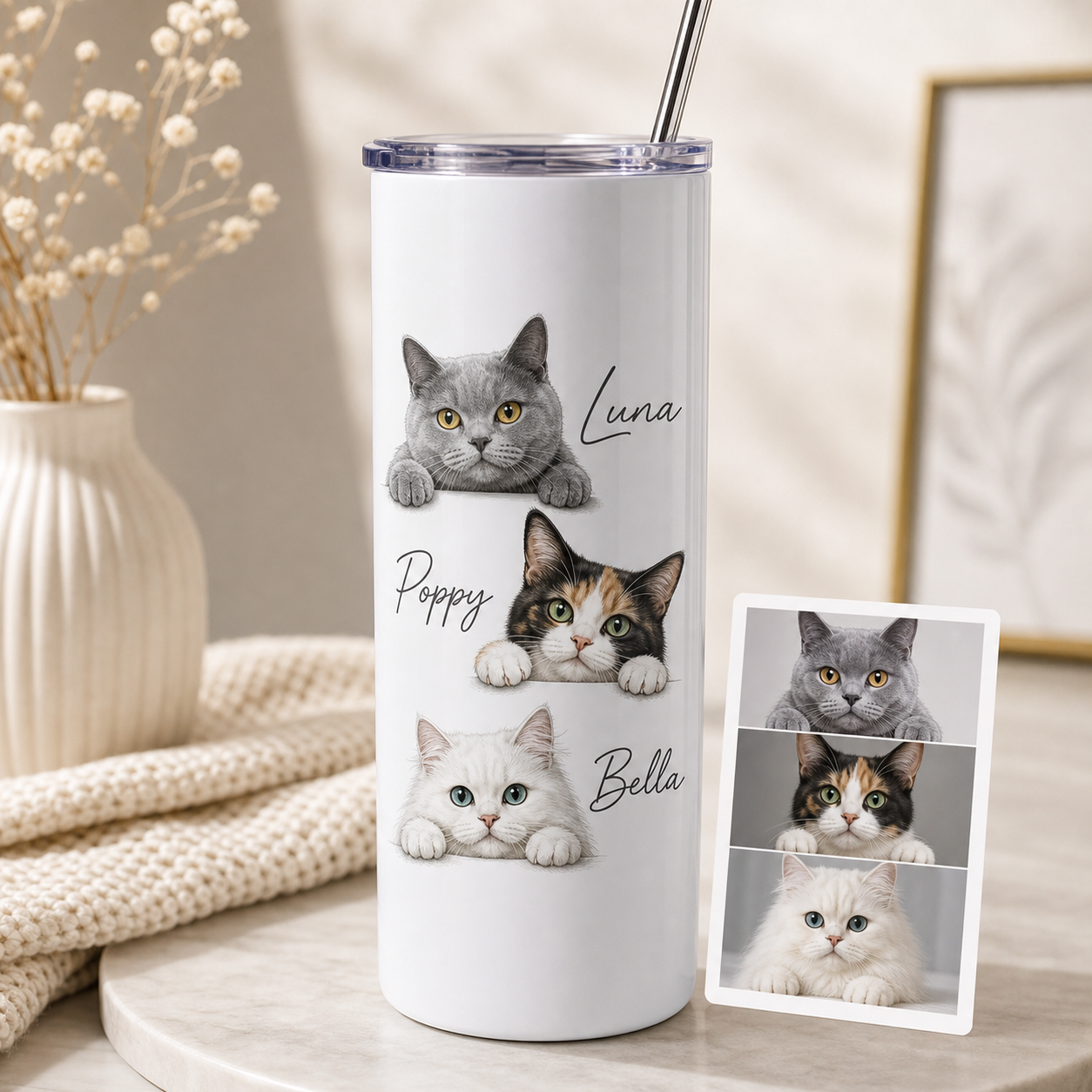 Personalized Photo Funny Cat 20oz Skinny Tumbler – Custom Cat Photo Skinny Tumbler for Woman and Cat Owners TOM99