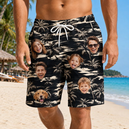 Custom Photo Dad & Son Summer Beach Shorts, Personalized Matching Swim Trunks, Tropical Family Vacation Gift