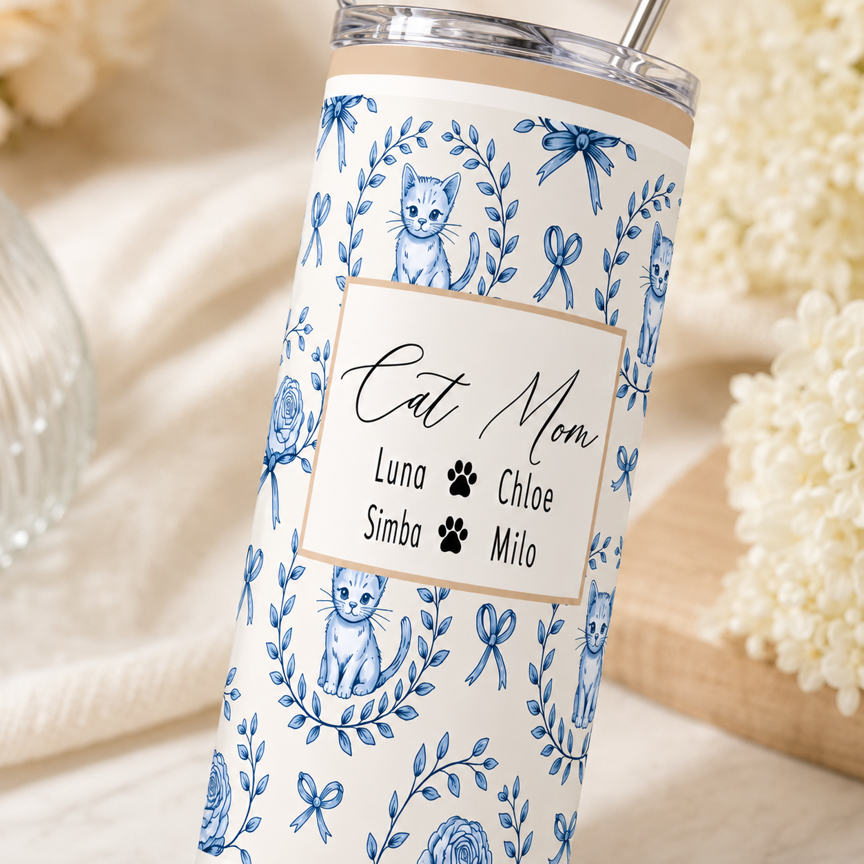 Personalized Cat Mom 20oz Skinny Tumbler – Custom Cat Photo Skinny Tumbler For Woman and Cat Owners TOM99