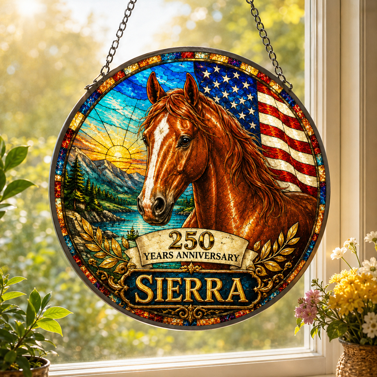 Custom Photo 250th US Horse Stained Glass Suncatcher – Personalized Horse Lover Gifts | Gift For Horse Lover TOM99
