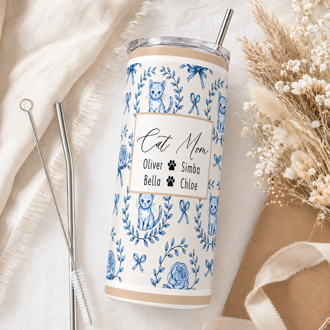 Personalized Cat Mom 20oz Skinny Tumbler – Custom Cat Photo Skinny Tumbler For Woman and Cat Owners TOM99