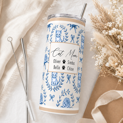 Personalized Cat Mom 20oz Skinny Tumbler – Custom Cat Photo Skinny Tumbler For Woman and Cat Owners TOM99