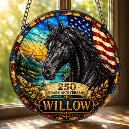 Custom Photo 250th US Horse Stained Glass Suncatcher – Personalized Horse Lover Gifts | Gift For Horse Lover TOM99