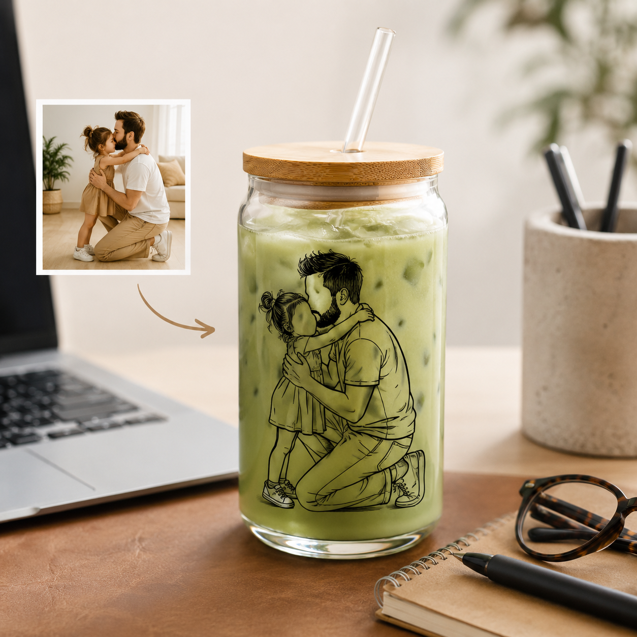 Custom Photo Dad Glass 16oz – Personalized Dad Glass Cup with Bamboo Lid & Straw | Gift For Father  TOM99
