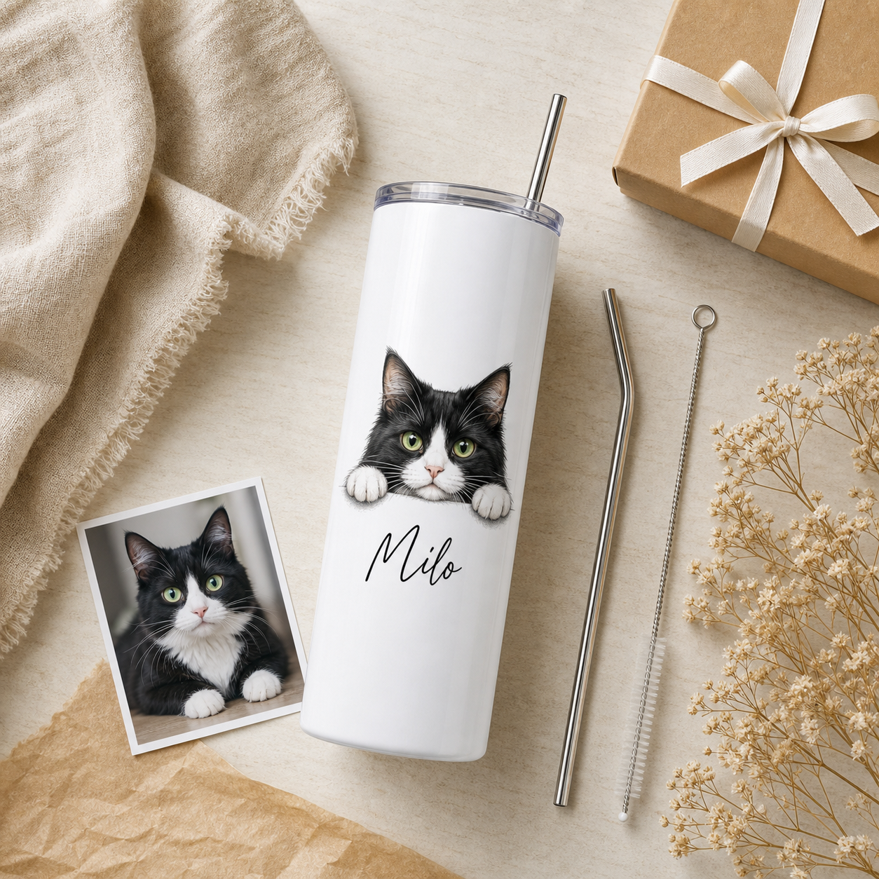 Personalized Photo Funny Cat 20oz Skinny Tumbler – Custom Cat Photo Skinny Tumbler for Woman and Cat Owners TOM99