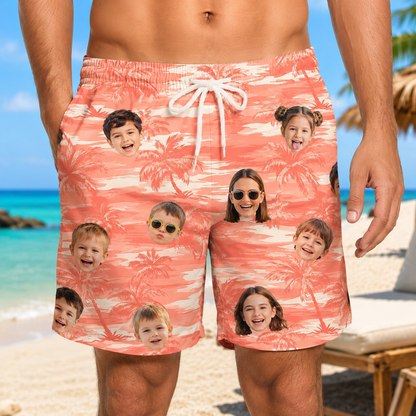 Custom Photo Dad & Son Summer Beach Shorts, Personalized Matching Swim Trunks, Tropical Family Vacation Gift