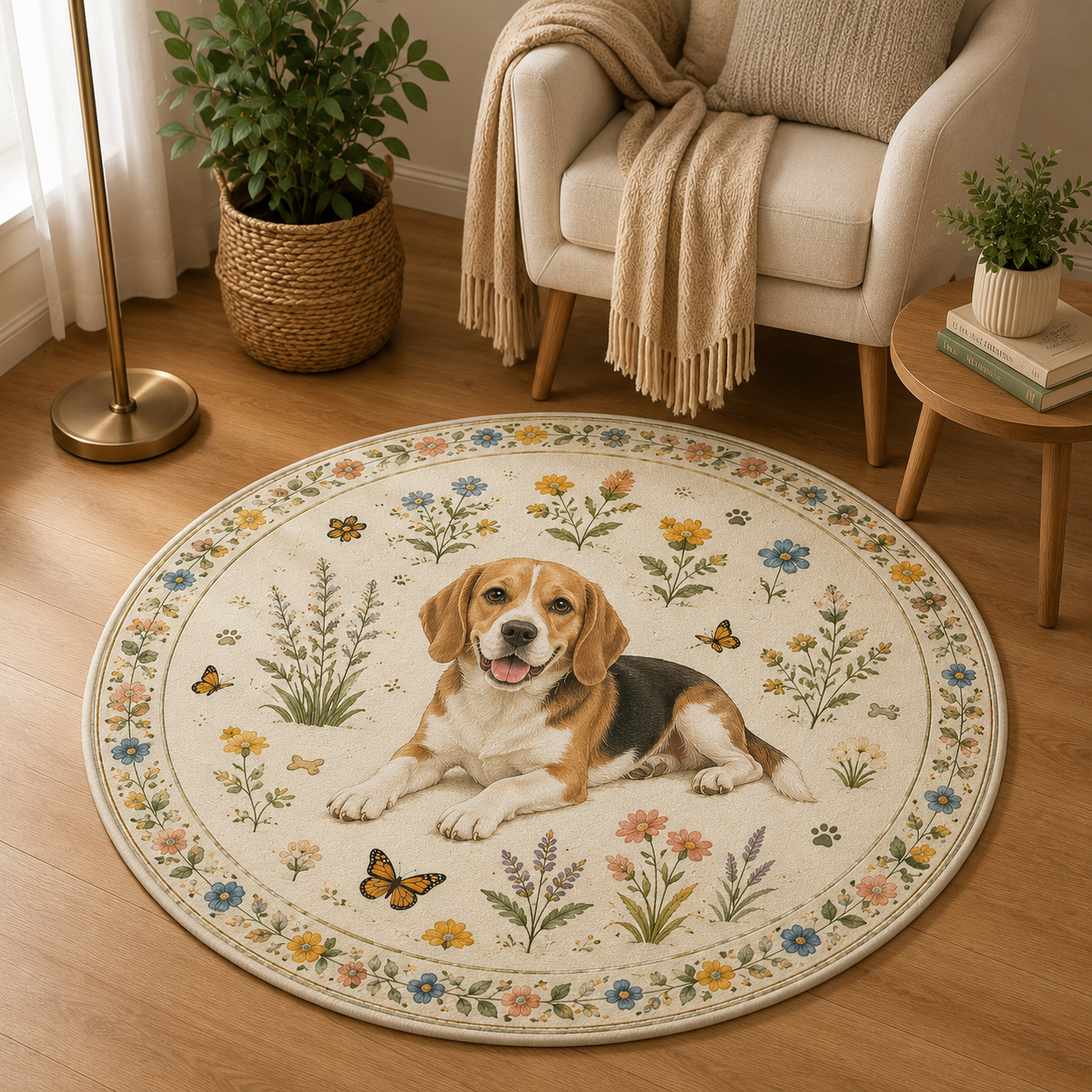 Custom Photo Dog Floral Round Carpet | Photo Pet Round Rug | Gift For Dog Lovers