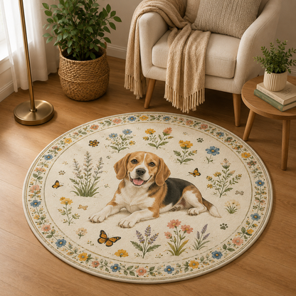 Custom Photo Dog Floral Round Carpet | Photo Pet Round Rug | Gift For Dog Lovers