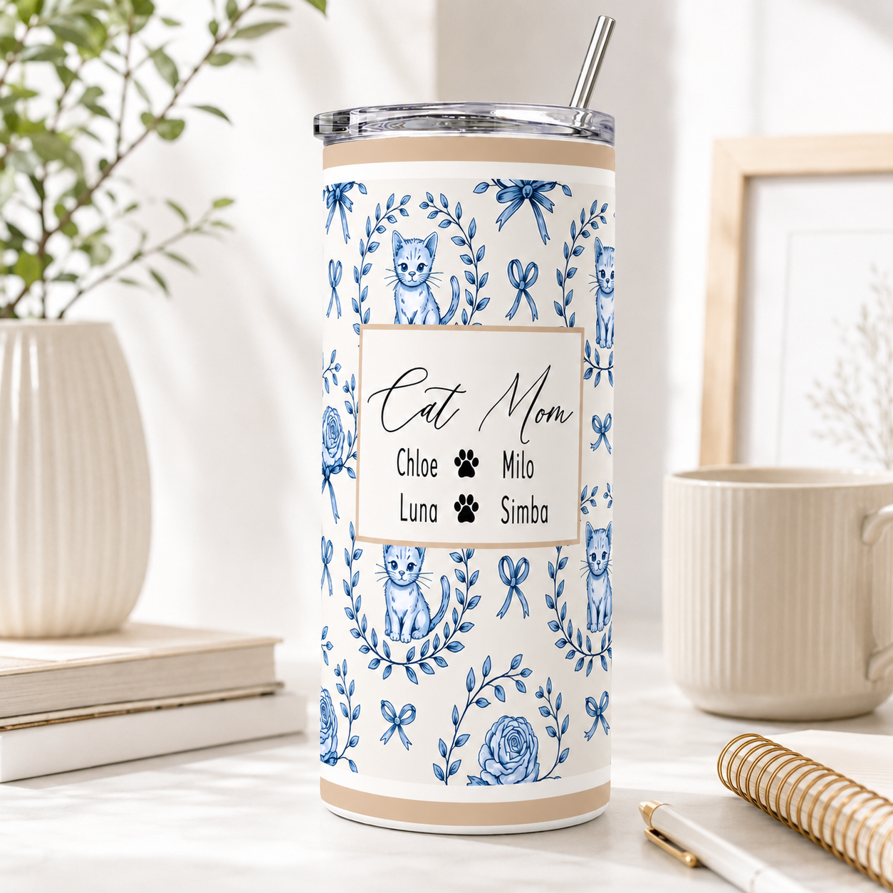 Personalized Cat Mom 20oz Skinny Tumbler – Custom Cat Photo Skinny Tumbler For Woman and Cat Owners TOM99