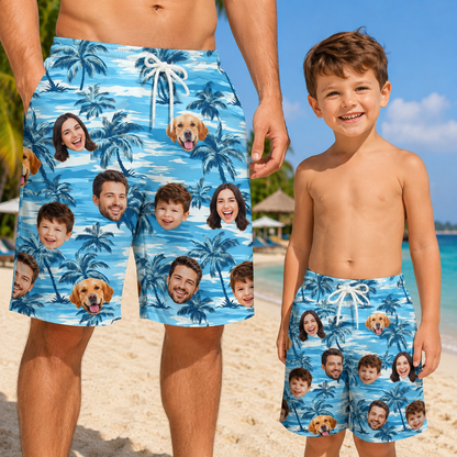 Custom Photo Dad & Son Summer Beach Shorts, Personalized Matching Swim Trunks, Tropical Family Vacation Gift