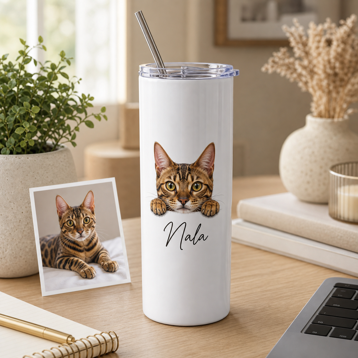 Personalized Photo Funny Cat 20oz Skinny Tumbler – Custom Cat Photo Skinny Tumbler for Woman and Cat Owners TOM99