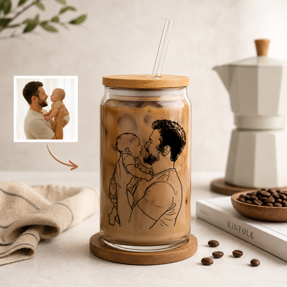 Custom Photo Dad Glass 16oz – Personalized Dad Glass Cup with Bamboo Lid & Straw | Gift For Father  TOM99