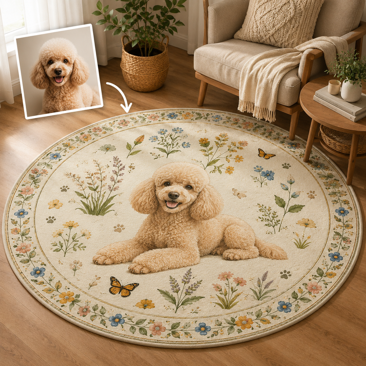 Custom Photo Dog Floral Round Carpet | Photo Pet Round Rug | Gift For Dog Lovers