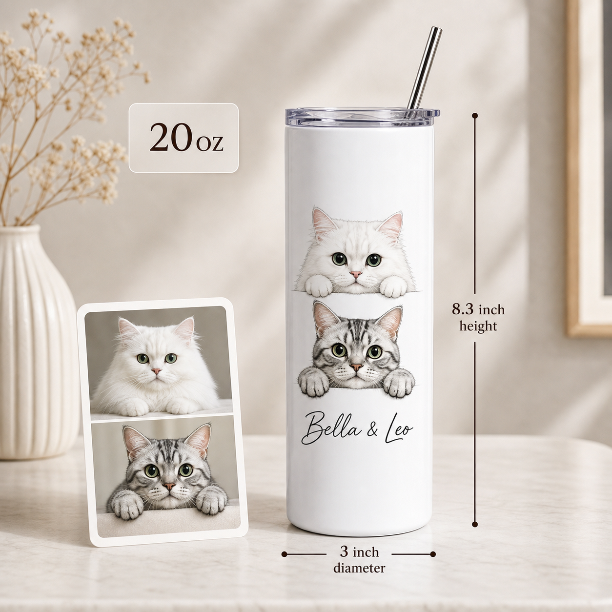 Personalized Photo Funny Cat 20oz Skinny Tumbler – Custom Cat Photo Skinny Tumbler for Woman and Cat Owners TOM99
