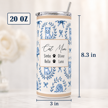 Personalized Cat Mom 20oz Skinny Tumbler – Custom Cat Photo Skinny Tumbler For Woman and Cat Owners TOM99
