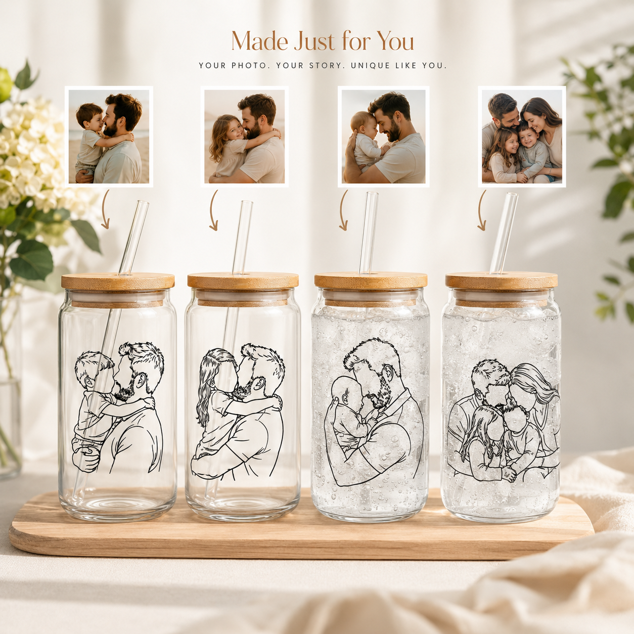 Custom Photo Dad Glass 16oz – Personalized Dad Glass Cup with Bamboo Lid & Straw | Gift For Father  TOM99
