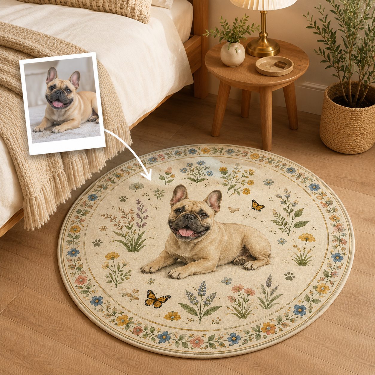 Custom Photo Dog Floral Round Carpet | Photo Pet Round Rug | Gift For Dog Lovers