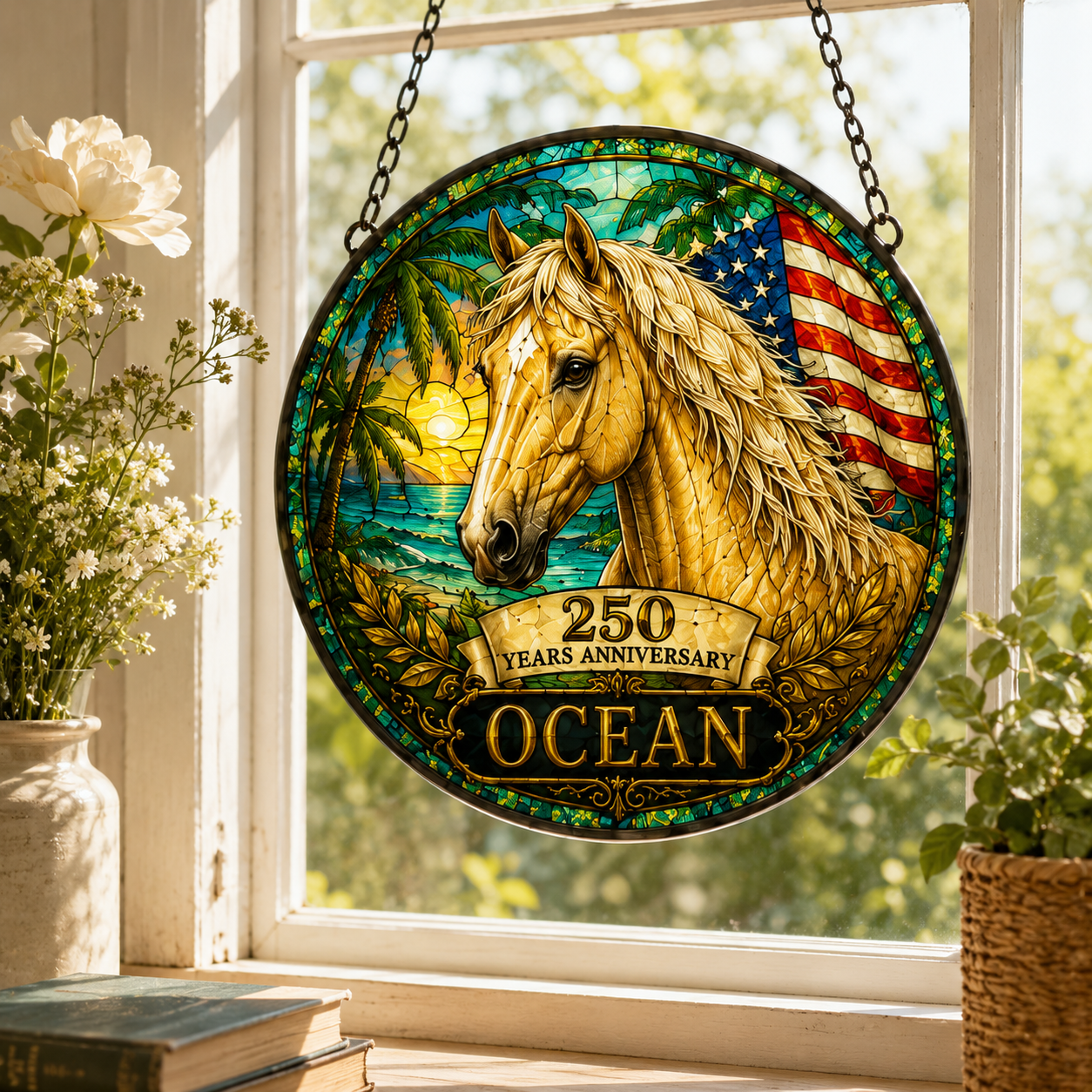 Custom Photo 250th US Horse Stained Glass Suncatcher – Personalized Horse Lover Gifts | Gift For Horse Lover TOM99