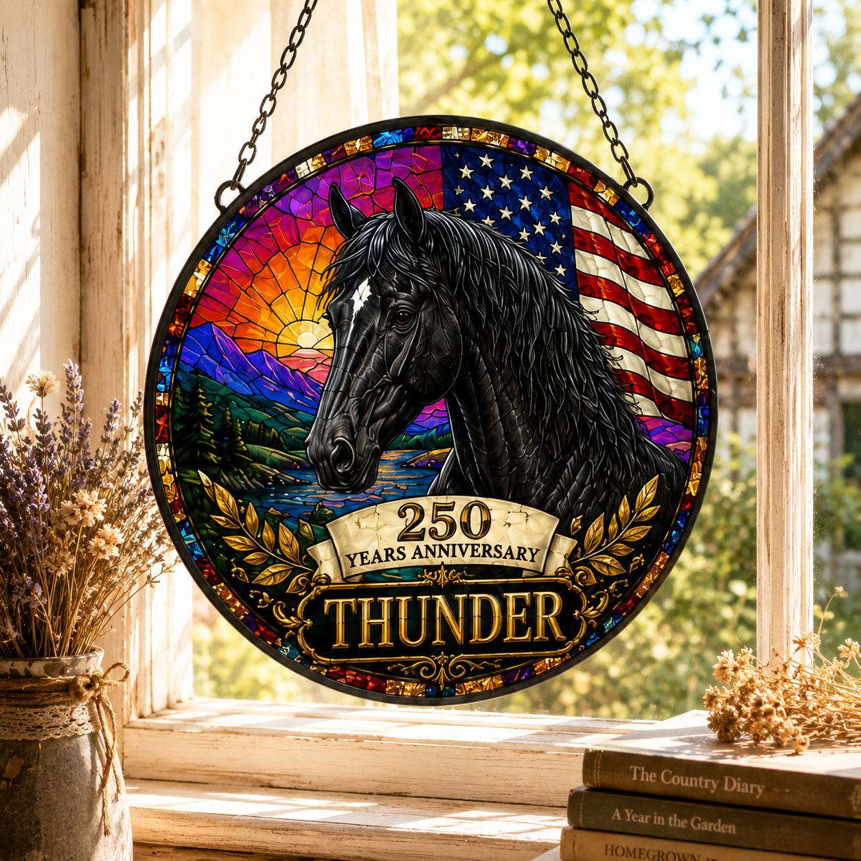 Custom Photo 250th US Horse Stained Glass Suncatcher – Personalized Horse Lover Gifts | Gift For Horse Lover TOM99