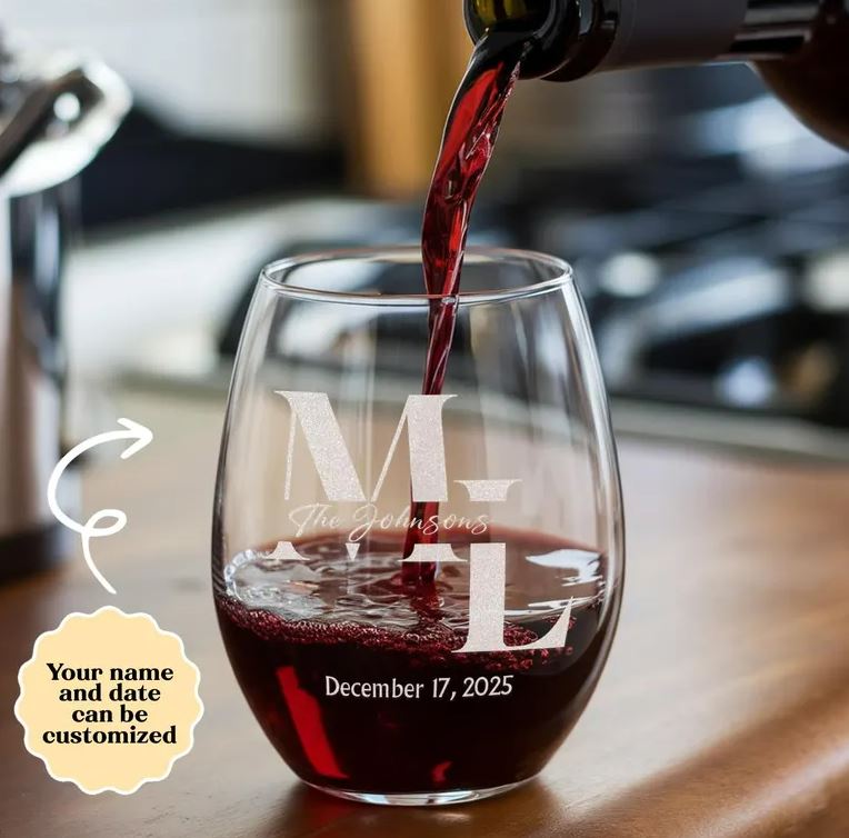 Personalized Wedding Monogram Wine Glass | Wedding Wine Glass Gifts | Engraved Wine Glass