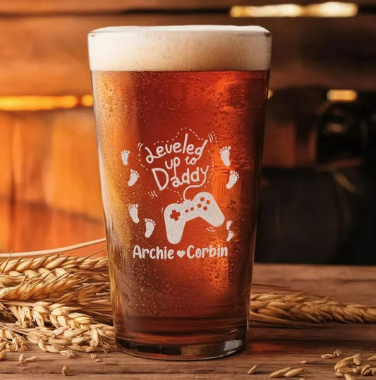 Personalized Leveled Up To Daddy Pint Glass | First Dad Glass | New Dad Engraved Beer Glass