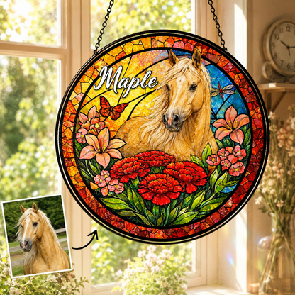 Custom Photo Horse Flowers Stained Glass Suncatcher – Personalized Horse Lover Gifts | Gift For Horse Lover TOM99