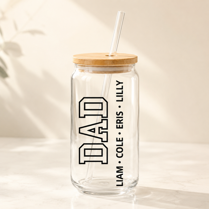 Custom Dad & Kids Glass 16oz – Personalized Dad Glass Cup with Bamboo Lid & Straw | Gift For Father  TOM99