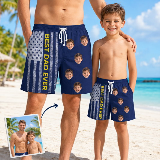Custom Photo Best Dad US Summer Beach Shorts, Personalized Matching Swim Trunks, Tropical Family Vacation Gift