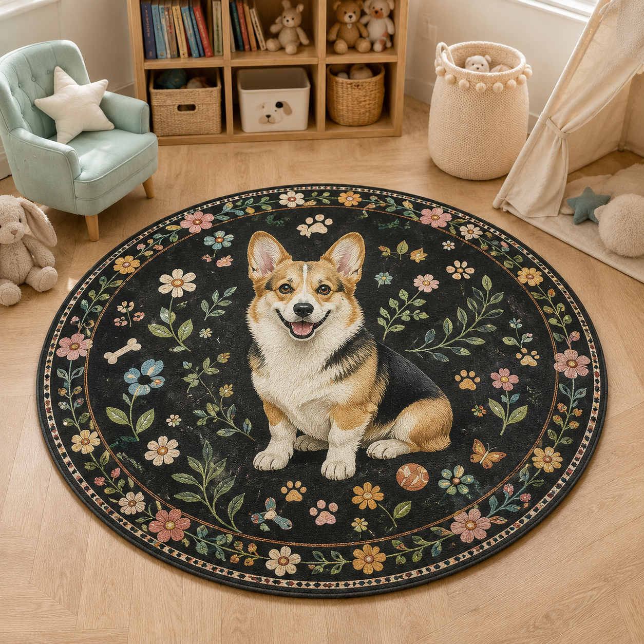 Custom Photo Dog Floral Round Carpet | Photo Pet Round Rug | Gift For Dog Lovers