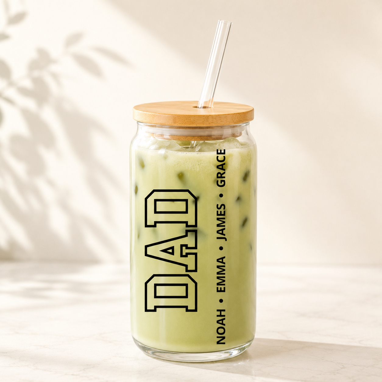 Custom Dad & Kids Glass 16oz – Personalized Dad Glass Cup with Bamboo Lid & Straw | Gift For Father  TOM99