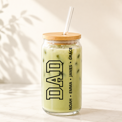 Custom Dad & Kids Glass 16oz – Personalized Dad Glass Cup with Bamboo Lid & Straw | Gift For Father  TOM99