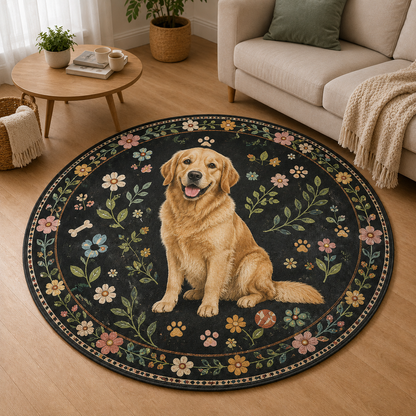 Custom Photo Dog Floral Round Carpet | Photo Pet Round Rug | Gift For Dog Lovers