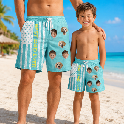Custom Photo Best Dad US Summer Beach Shorts, Personalized Matching Swim Trunks, Tropical Family Vacation Gift