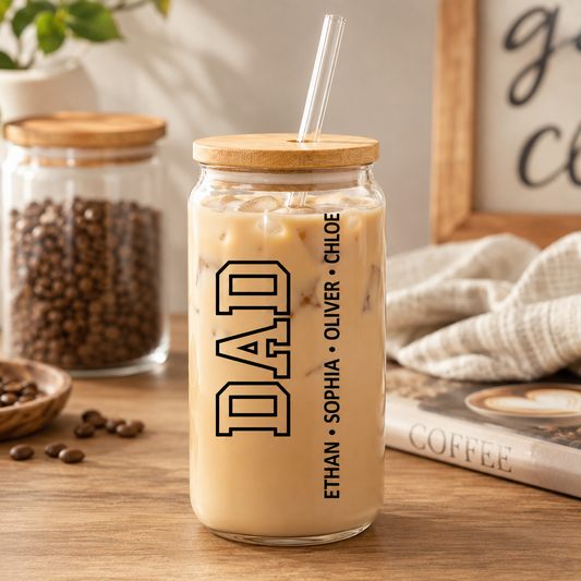 Custom Dad & Kids Glass 16oz – Personalized Dad Glass Cup with Bamboo Lid & Straw | Gift For Father  TOM99