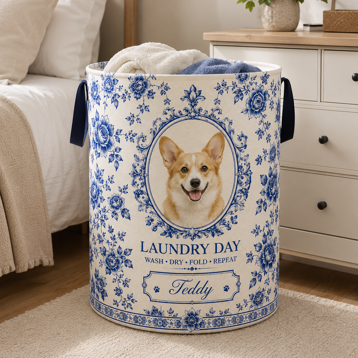 Custom Photo Dog Laundry Basket | Gift For Dog Lovers | Dog Bathroom Decor
