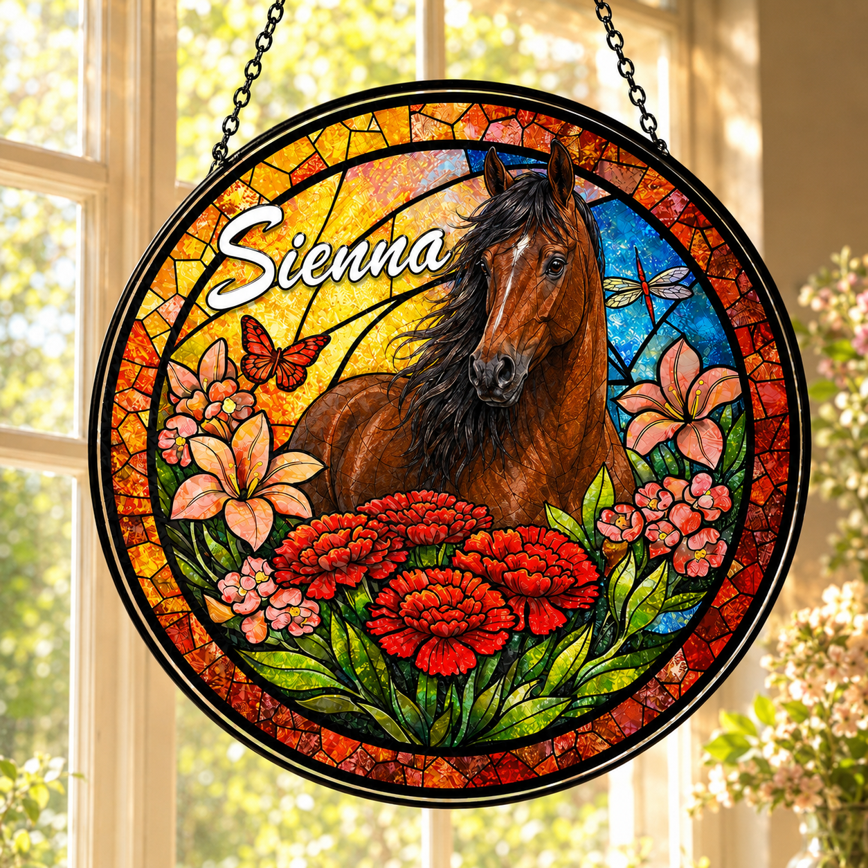 Custom Photo Horse Flowers Stained Glass Suncatcher – Personalized Horse Lover Gifts | Gift For Horse Lover TOM99