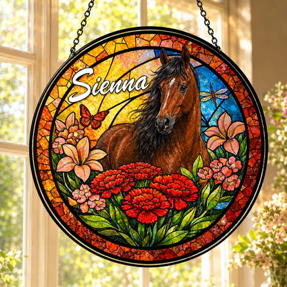 Custom Photo Horse Flowers Stained Glass Suncatcher – Personalized Horse Lover Gifts | Gift For Horse Lover TOM99