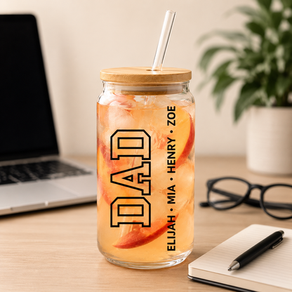 Custom Dad & Kids Glass 16oz – Personalized Dad Glass Cup with Bamboo Lid & Straw | Gift For Father  TOM99
