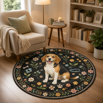 Custom Photo Dog Floral Round Carpet | Photo Pet Round Rug | Gift For Dog Lovers