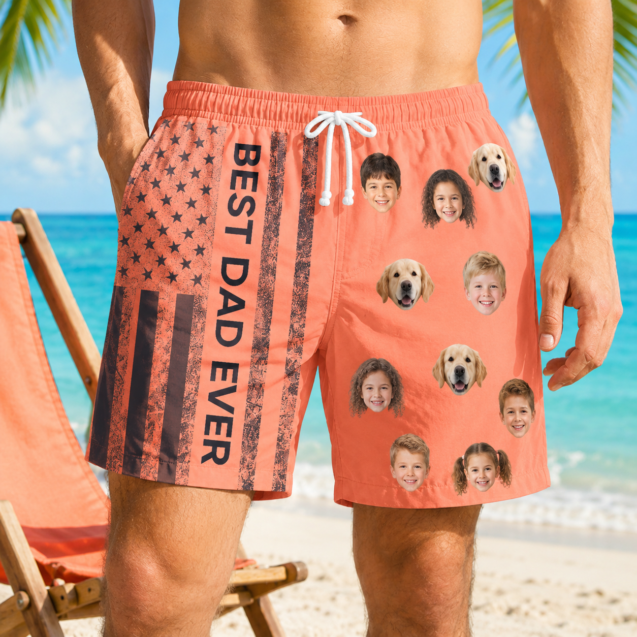 Custom Photo Best Dad US Summer Beach Shorts, Personalized Matching Swim Trunks, Tropical Family Vacation Gift
