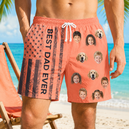 Custom Photo Best Dad US Summer Beach Shorts, Personalized Matching Swim Trunks, Tropical Family Vacation Gift
