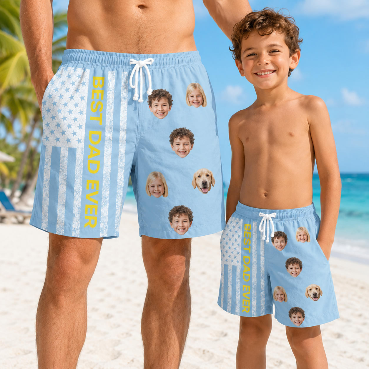 Custom Photo Best Dad US Summer Beach Shorts, Personalized Matching Swim Trunks, Tropical Family Vacation Gift