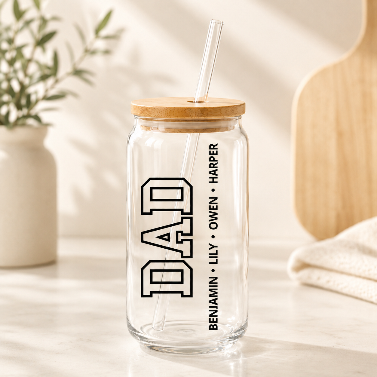 Custom Dad & Kids Glass 16oz – Personalized Dad Glass Cup with Bamboo Lid & Straw | Gift For Father  TOM99