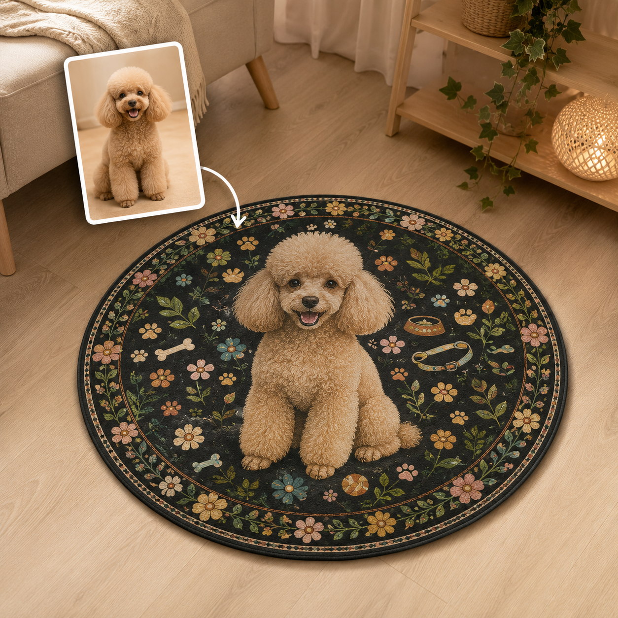 Custom Photo Dog Floral Round Carpet | Photo Pet Round Rug | Gift For Dog Lovers